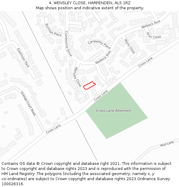 4, WENSLEY CLOSE, HARPENDEN, AL5 1RZ: Location map and indicative extent of plot