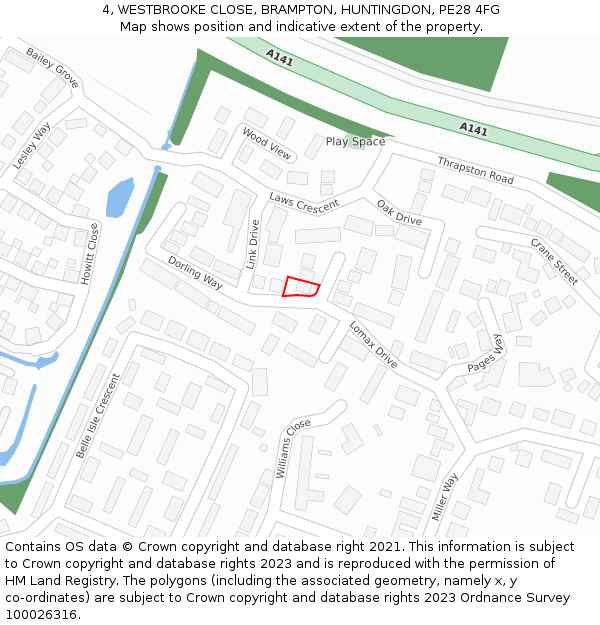 4, WESTBROOKE CLOSE, BRAMPTON, HUNTINGDON, PE28 4FG: Location map and indicative extent of plot