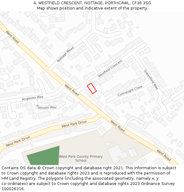 4, WESTFIELD CRESCENT, NOTTAGE, PORTHCAWL, CF36 3SG: Location map and indicative extent of plot