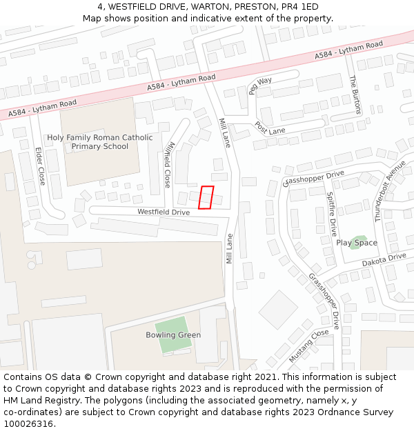 4, WESTFIELD DRIVE, WARTON, PRESTON, PR4 1ED: Location map and indicative extent of plot