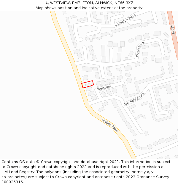 4, WESTVIEW, EMBLETON, ALNWICK, NE66 3XZ: Location map and indicative extent of plot