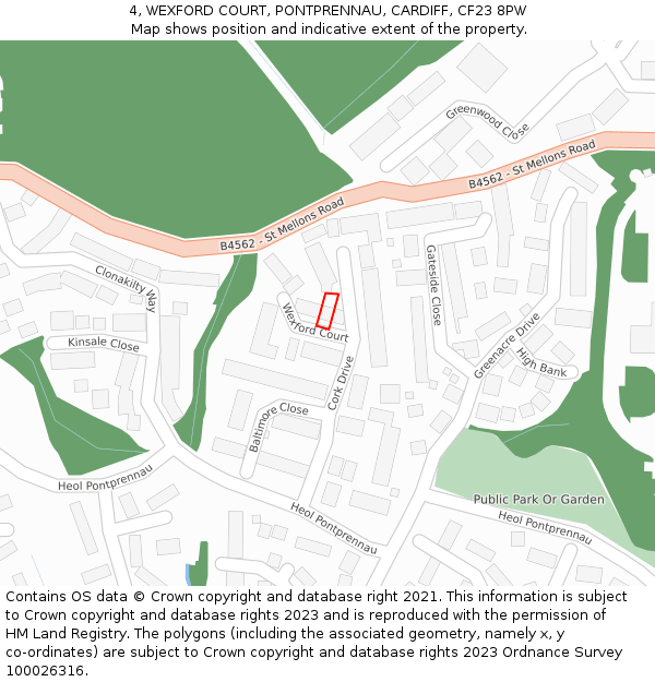 4, WEXFORD COURT, PONTPRENNAU, CARDIFF, CF23 8PW: Location map and indicative extent of plot