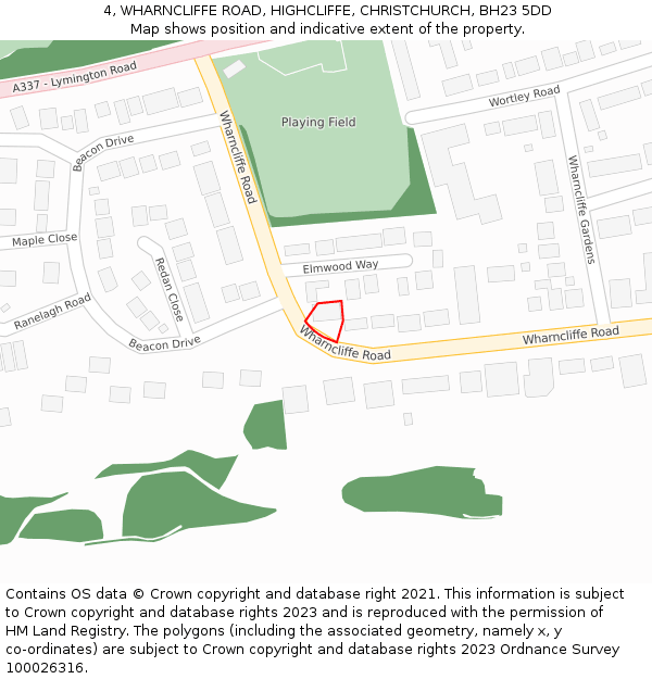 4, WHARNCLIFFE ROAD, HIGHCLIFFE, CHRISTCHURCH, BH23 5DD: Location map and indicative extent of plot