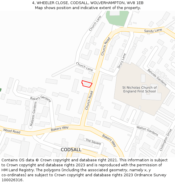 4, WHEELER CLOSE, CODSALL, WOLVERHAMPTON, WV8 1EB: Location map and indicative extent of plot