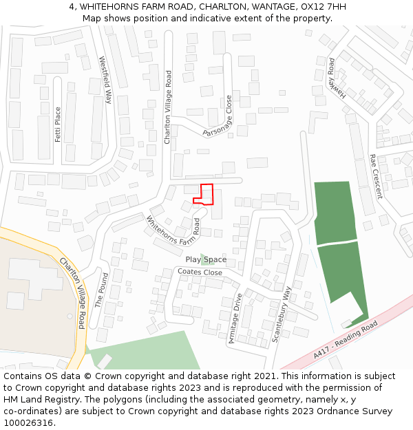 4, WHITEHORNS FARM ROAD, CHARLTON, WANTAGE, OX12 7HH: Location map and indicative extent of plot