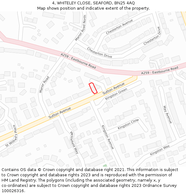 4, WHITELEY CLOSE, SEAFORD, BN25 4AQ: Location map and indicative extent of plot