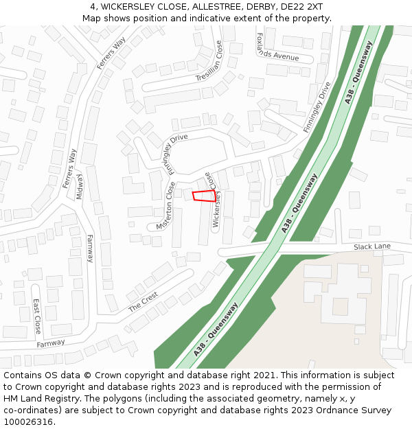 4, WICKERSLEY CLOSE, ALLESTREE, DERBY, DE22 2XT: Location map and indicative extent of plot