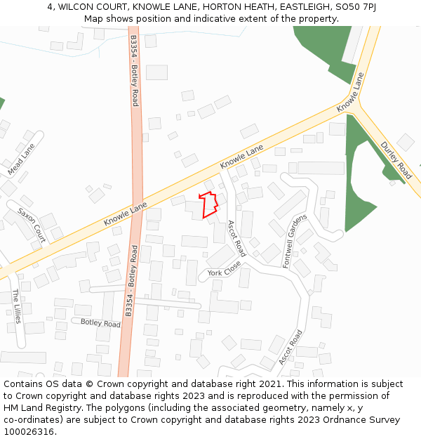 4, WILCON COURT, KNOWLE LANE, HORTON HEATH, EASTLEIGH, SO50 7PJ: Location map and indicative extent of plot