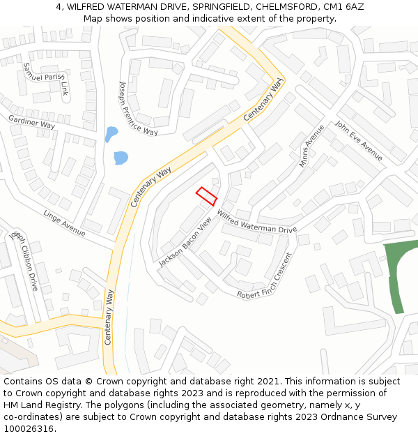 4, WILFRED WATERMAN DRIVE, SPRINGFIELD, CHELMSFORD, CM1 6AZ: Location map and indicative extent of plot