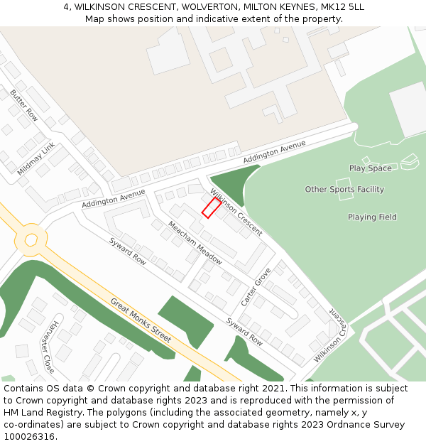 4, WILKINSON CRESCENT, WOLVERTON, MILTON KEYNES, MK12 5LL: Location map and indicative extent of plot