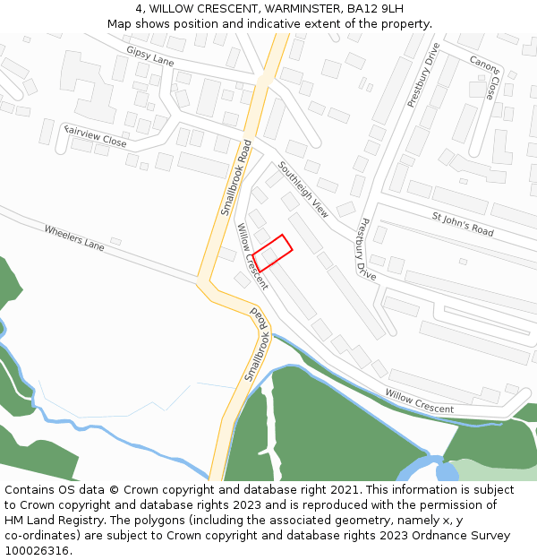 4, WILLOW CRESCENT, WARMINSTER, BA12 9LH: Location map and indicative extent of plot