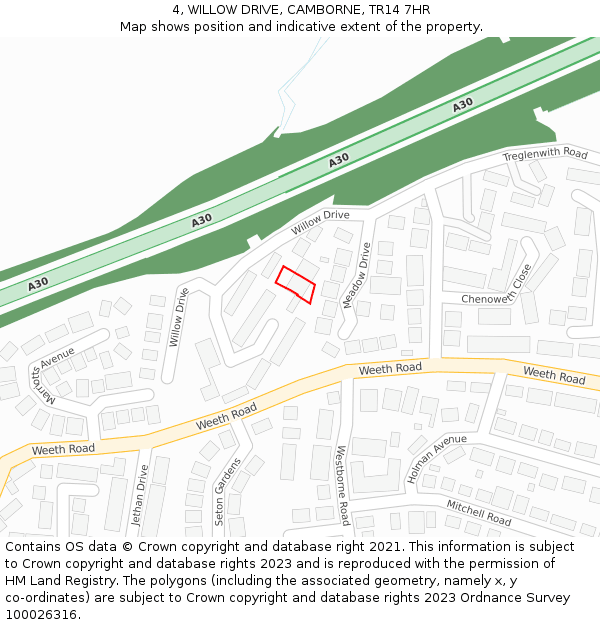 4, WILLOW DRIVE, CAMBORNE, TR14 7HR: Location map and indicative extent of plot
