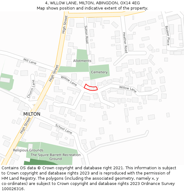 4, WILLOW LANE, MILTON, ABINGDON, OX14 4EG: Location map and indicative extent of plot
