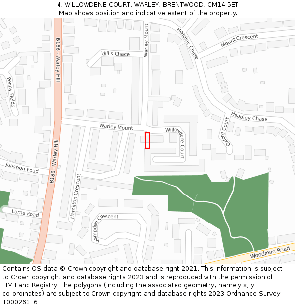 4, WILLOWDENE COURT, WARLEY, BRENTWOOD, CM14 5ET: Location map and indicative extent of plot