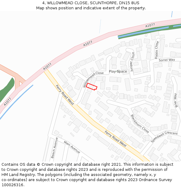 4, WILLOWMEAD CLOSE, SCUNTHORPE, DN15 8US: Location map and indicative extent of plot