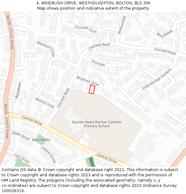 4, WINDRUSH DRIVE, WESTHOUGHTON, BOLTON, BL5 3YA: Location map and indicative extent of plot