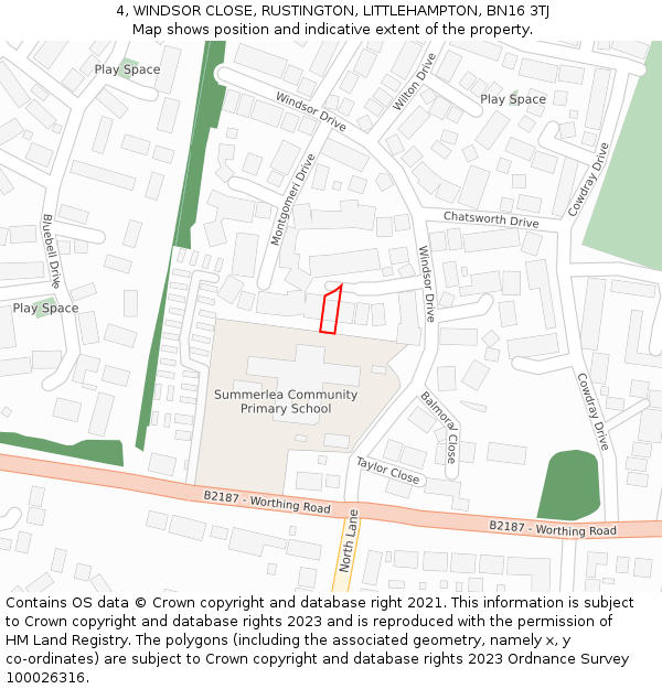 4, WINDSOR CLOSE, RUSTINGTON, LITTLEHAMPTON, BN16 3TJ: Location map and indicative extent of plot