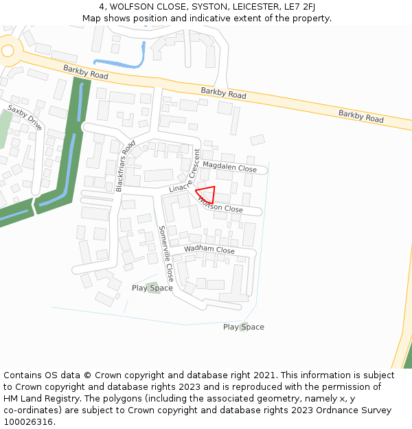 4, WOLFSON CLOSE, SYSTON, LEICESTER, LE7 2FJ: Location map and indicative extent of plot