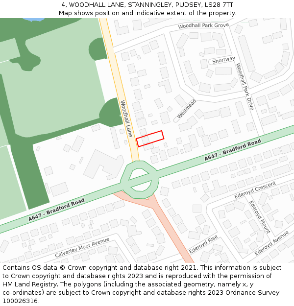 4, WOODHALL LANE, STANNINGLEY, PUDSEY, LS28 7TT: Location map and indicative extent of plot