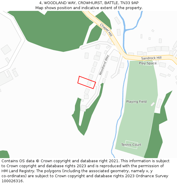 4, WOODLAND WAY, CROWHURST, BATTLE, TN33 9AP: Location map and indicative extent of plot