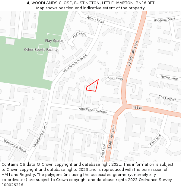 4, WOODLANDS CLOSE, RUSTINGTON, LITTLEHAMPTON, BN16 3ET: Location map and indicative extent of plot