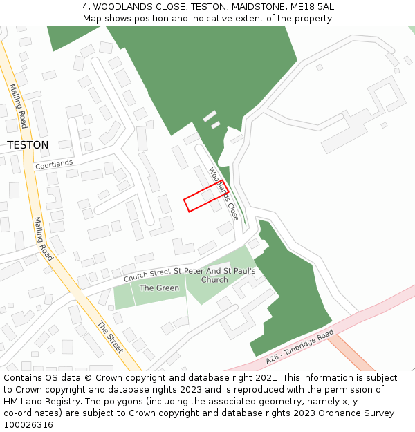 4, WOODLANDS CLOSE, TESTON, MAIDSTONE, ME18 5AL: Location map and indicative extent of plot