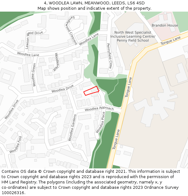 4, WOODLEA LAWN, MEANWOOD, LEEDS, LS6 4SD: Location map and indicative extent of plot
