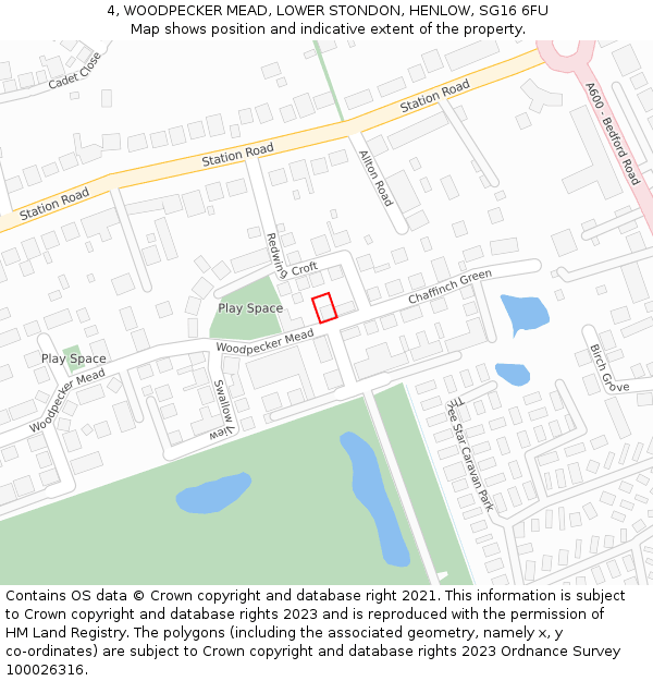 4, WOODPECKER MEAD, LOWER STONDON, HENLOW, SG16 6FU: Location map and indicative extent of plot