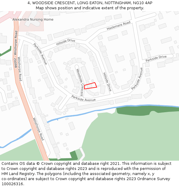 4, WOODSIDE CRESCENT, LONG EATON, NOTTINGHAM, NG10 4AP: Location map and indicative extent of plot