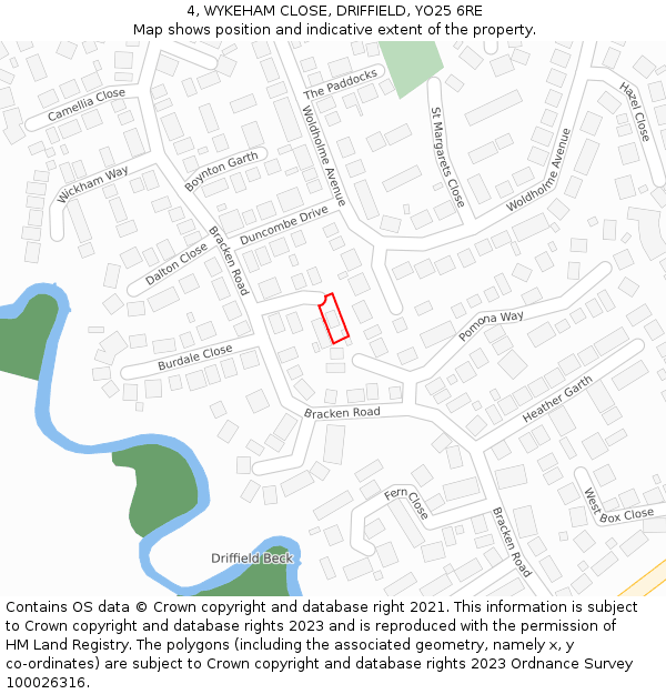 4, WYKEHAM CLOSE, DRIFFIELD, YO25 6RE: Location map and indicative extent of plot