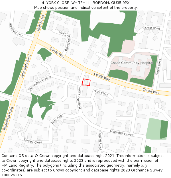 4, YORK CLOSE, WHITEHILL, BORDON, GU35 9PX: Location map and indicative extent of plot