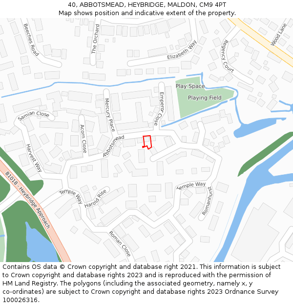 40, ABBOTSMEAD, HEYBRIDGE, MALDON, CM9 4PT: Location map and indicative extent of plot