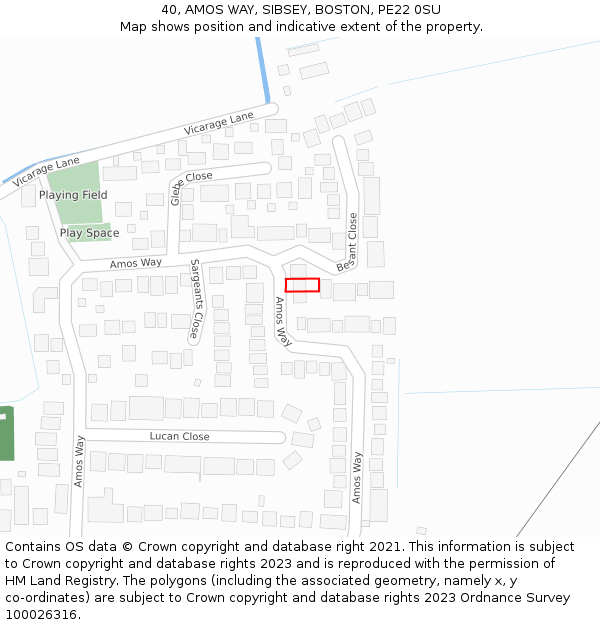 40, AMOS WAY, SIBSEY, BOSTON, PE22 0SU: Location map and indicative extent of plot