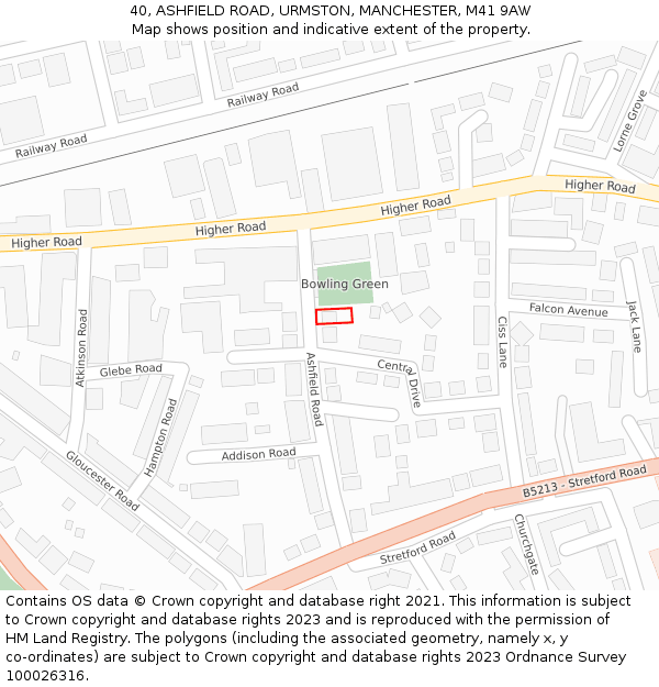 40, ASHFIELD ROAD, URMSTON, MANCHESTER, M41 9AW: Location map and indicative extent of plot