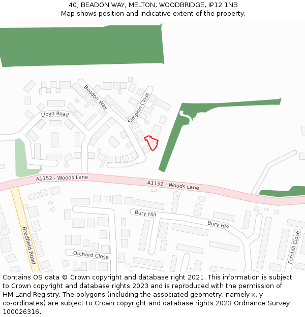 40, BEADON WAY, MELTON, WOODBRIDGE, IP12 1NB: Location map and indicative extent of plot