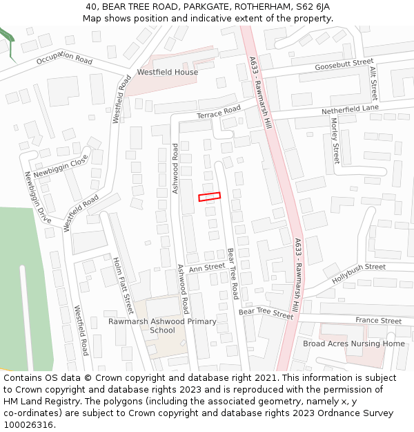 40, BEAR TREE ROAD, PARKGATE, ROTHERHAM, S62 6JA: Location map and indicative extent of plot