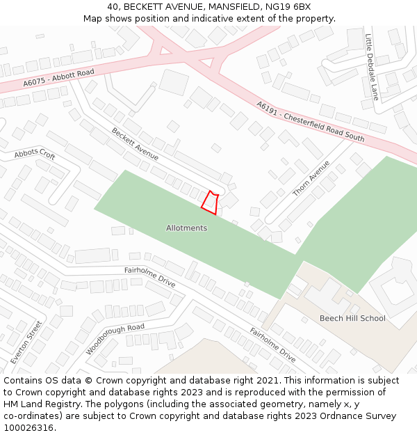 40, BECKETT AVENUE, MANSFIELD, NG19 6BX: Location map and indicative extent of plot