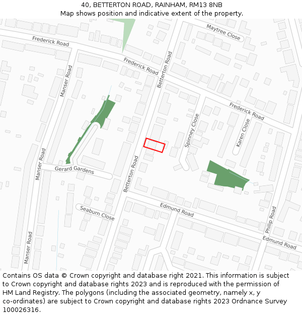 40, BETTERTON ROAD, RAINHAM, RM13 8NB: Location map and indicative extent of plot