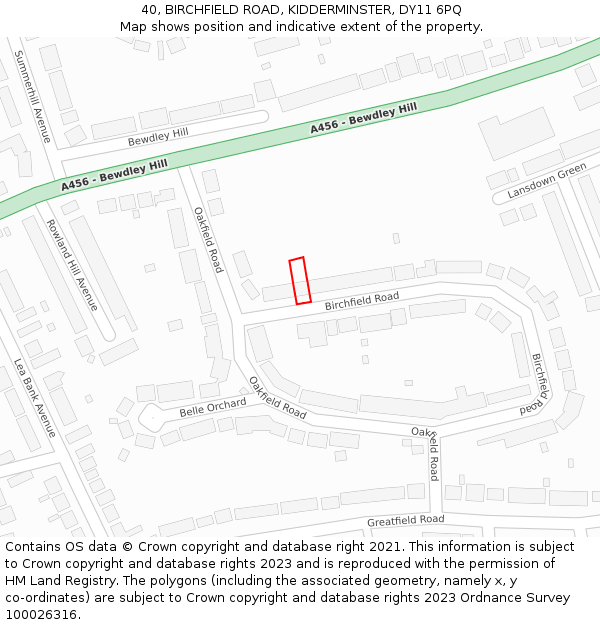 40, BIRCHFIELD ROAD, KIDDERMINSTER, DY11 6PQ: Location map and indicative extent of plot