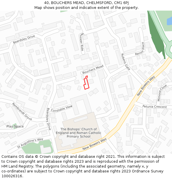 40, BOUCHERS MEAD, CHELMSFORD, CM1 6PJ: Location map and indicative extent of plot