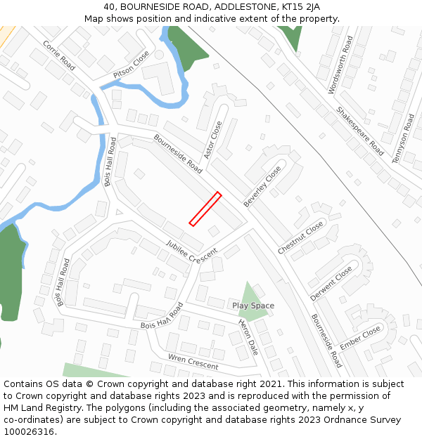 40, BOURNESIDE ROAD, ADDLESTONE, KT15 2JA: Location map and indicative extent of plot