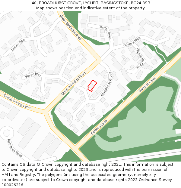 40, BROADHURST GROVE, LYCHPIT, BASINGSTOKE, RG24 8SB: Location map and indicative extent of plot