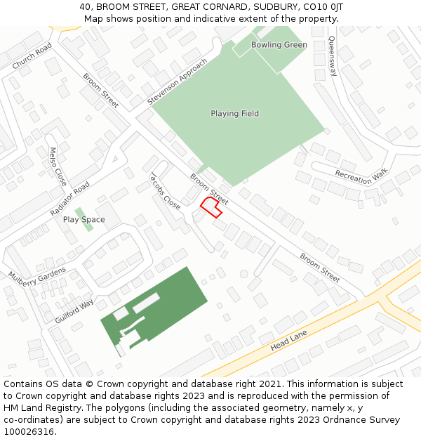 40, BROOM STREET, GREAT CORNARD, SUDBURY, CO10 0JT: Location map and indicative extent of plot