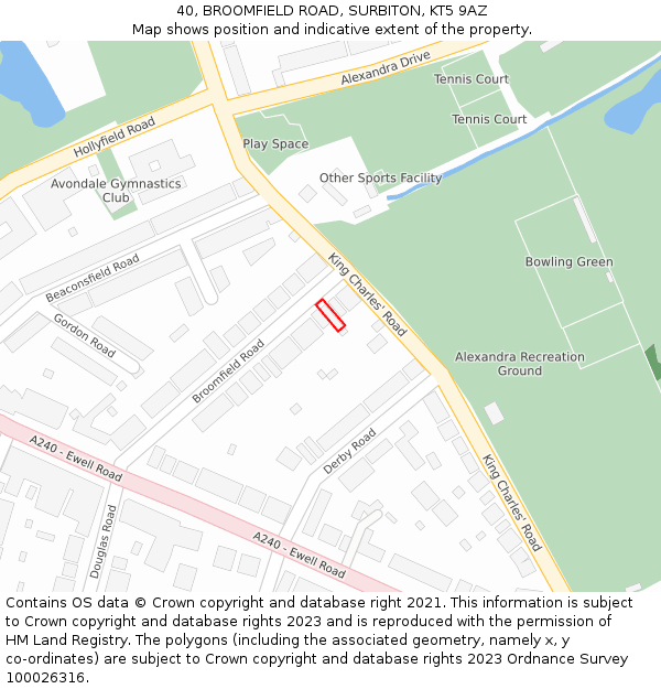 40, BROOMFIELD ROAD, SURBITON, KT5 9AZ: Location map and indicative extent of plot