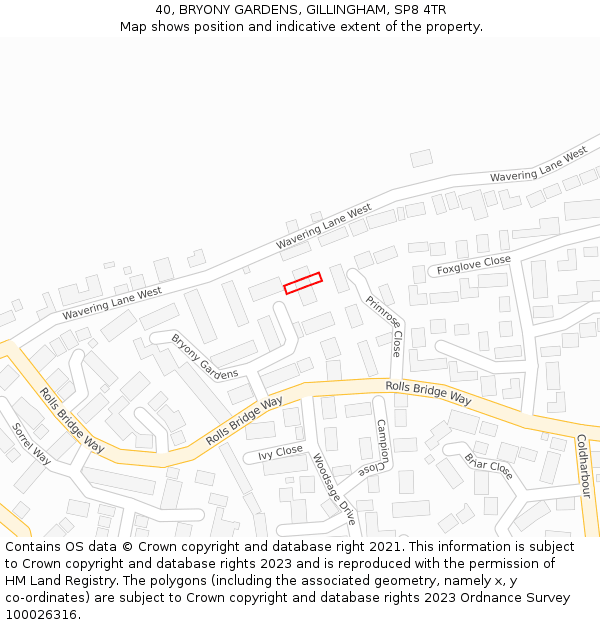 40, BRYONY GARDENS, GILLINGHAM, SP8 4TR: Location map and indicative extent of plot