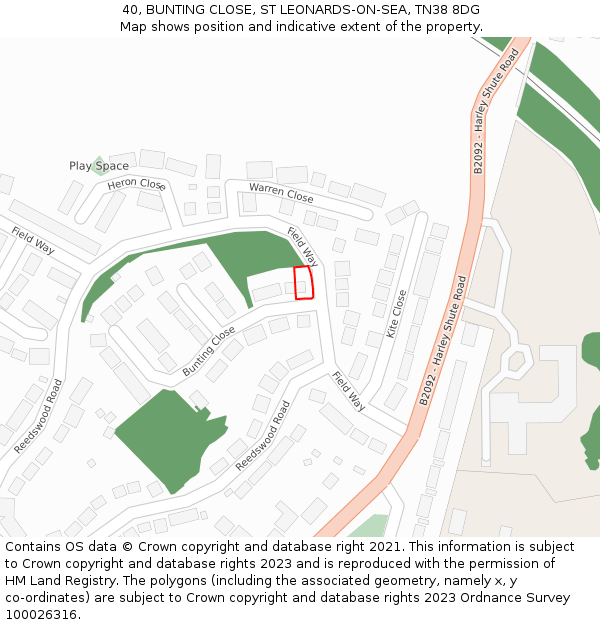 40, BUNTING CLOSE, ST LEONARDS-ON-SEA, TN38 8DG: Location map and indicative extent of plot