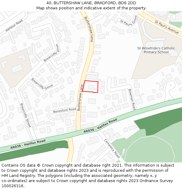 40, BUTTERSHAW LANE, BRADFORD, BD6 2DD: Location map and indicative extent of plot