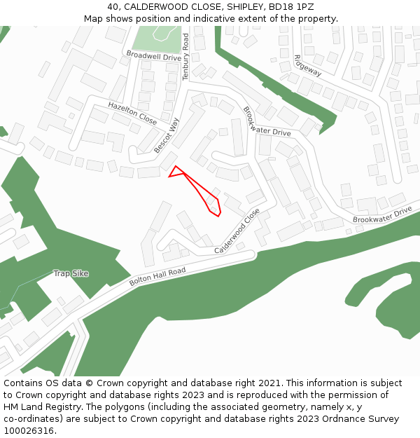 40, CALDERWOOD CLOSE, SHIPLEY, BD18 1PZ: Location map and indicative extent of plot