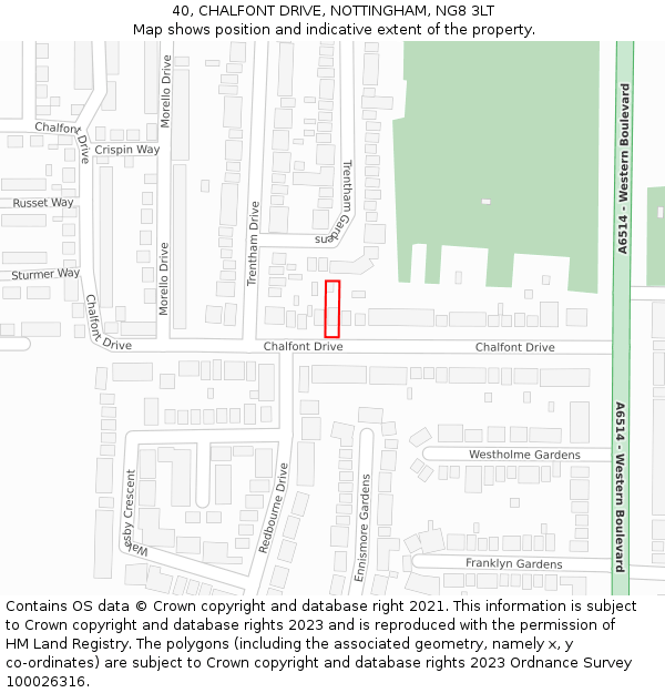 40, CHALFONT DRIVE, NOTTINGHAM, NG8 3LT: Location map and indicative extent of plot