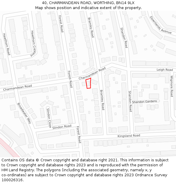 40, CHARMANDEAN ROAD, WORTHING, BN14 9LX: Location map and indicative extent of plot